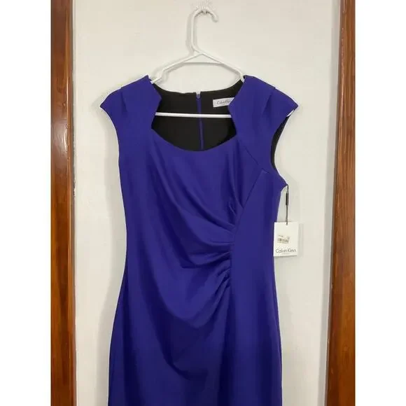 NWT Calvin Klein Blue Byzantine Side Ruched Cap Sleeve Sheath Dress Size 6 Small - Picture 4 of 7